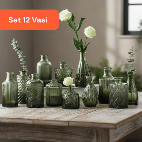 Set 12 Vasi Decorativi in Vetro con Forme e Misure Assortite per Fiori e Centrotavola
