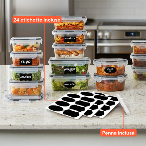 Set 24 Contenitori Ermetici per Alimenti con Etichette Riutilizzabili e Penna