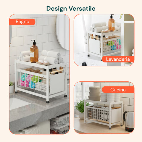 Organizer Salvaspazio in Metallo con 2 Cassetti Scorrevoli e Altezza Regolabile