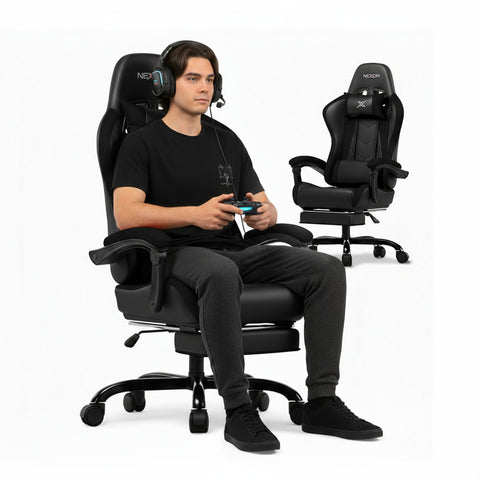 Fauteuil gaming inclinable avec repose-pieds escamotable, coussin lombaire et appuie-tête