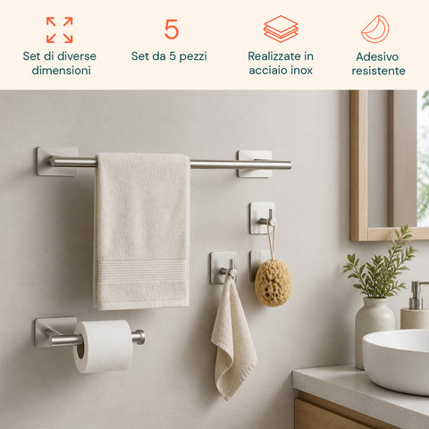 Set de 5 accessoires de salle de bains adhésifs noirs en acier inoxydable, capacité de charge 2,5 kg - avec porte-rouleau et crochets pour serviettes