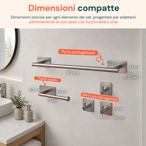 Set de 5 accessoires de salle de bains adhésifs noirs en acier inoxydable, capacité de charge 2,5 kg - avec porte-rouleau et crochets pour serviettes