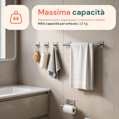 Set de 5 accessoires de salle de bains adhésifs noirs en acier inoxydable, capacité de charge 2,5 kg - avec porte-rouleau et crochets pour serviettes