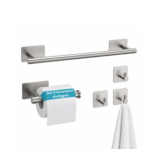 Set de 5 accessoires de salle de bains adhésifs noirs en acier inoxydable, capacité de charge 2,5 kg - avec porte-rouleau et crochets pour serviettes
