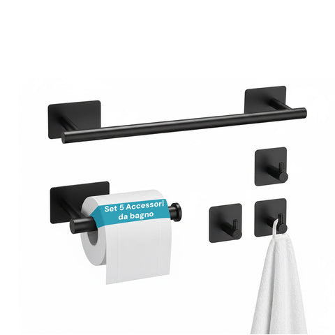 Set de 5 accessoires de salle de bains adhésifs noirs en acier inoxydable, capacité de charge 2,5 kg - avec porte-rouleau et crochets pour serviettes