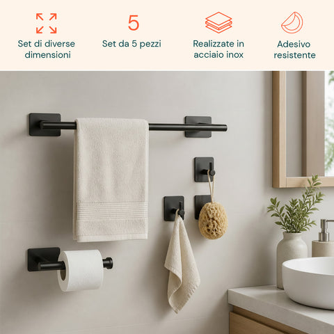 Set de 5 accessoires de salle de bains adhésifs noirs en acier inoxydable, capacité de charge 2,5 kg - avec porte-rouleau et crochets pour serviettes