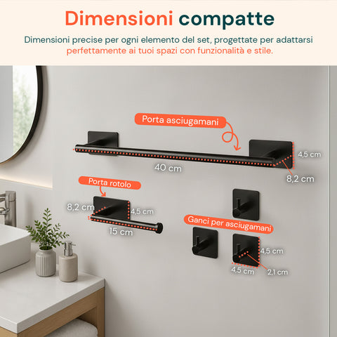Set de 5 accessoires de salle de bains adhésifs noirs en acier inoxydable, capacité de charge 2,5 kg - avec porte-rouleau et crochets pour serviettes