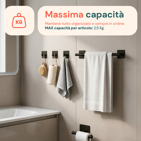 Set de 5 accessoires de salle de bains adhésifs noirs en acier inoxydable, capacité de charge 2,5 kg - avec porte-rouleau et crochets pour serviettes