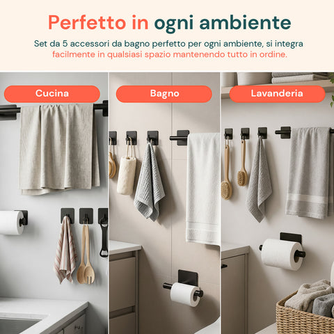 Set de 5 accessoires de salle de bains adhésifs noirs en acier inoxydable, capacité de charge 2,5 kg - avec porte-rouleau et crochets pour serviettes