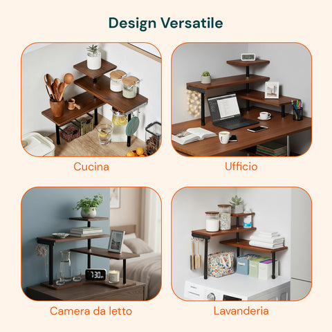 Scaffale Angolare in Bambù 3 Ripiani con Ganci Portaoggetti
