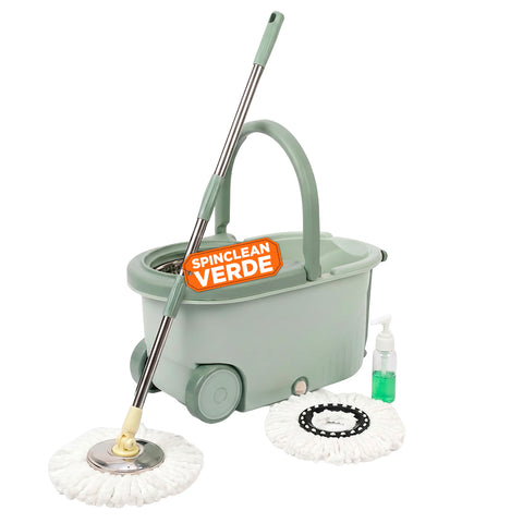 Kit Serpillère Rotative 360° avec Seau 14L - 46x27x22cm et Essoreuse en Acier – Comprend 2 Têtes en Microfibre, Distributeur de Savon et Manche Télescopique – Ensemble Lave-Plancher Universel avec Roues et Vidange
