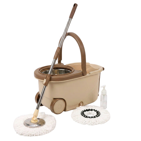 Kit Mocio Rotante 360° con Secchio 14L - 46x27x22cm e Centrifuga in Acciaio – Include 2 Testine in Microfibra, Dosatore Sapone e Asta Telescopica – Set Lavapavimenti Universale con Ruote e Scarico