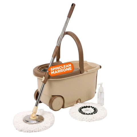 Kit Mocio Rotante 360° con Secchio 14L - 46x27x22cm e Centrifuga in Acciaio – Include 2 Testine in Microfibra, Dosatore Sapone e Asta Telescopica – Set Lavapavimenti Universale con Ruote e Scarico
