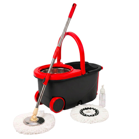 Kit Mocio Rotante 360° con Secchio 14L - 46x27x22cm e Centrifuga in Acciaio – Include 2 Testine in Microfibra, Dosatore Sapone e Asta Telescopica – Set Lavapavimenti Universale con Ruote e Scarico
