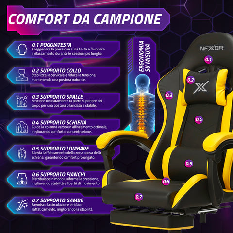 Fauteuil gaming inclinable avec repose-pieds escamotable, coussin lombaire et appuie-tête