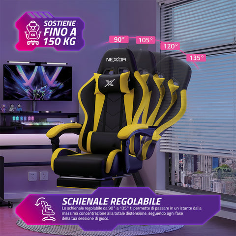 Fauteuil gaming inclinable avec repose-pieds escamotable, coussin lombaire et appuie-tête