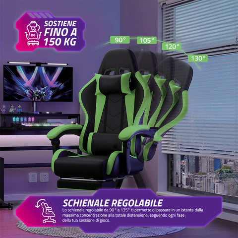 Sedia Gaming Reclinabile con Poggiapiedi Estraibile ,Cuscino Lombare e Poggiatesta