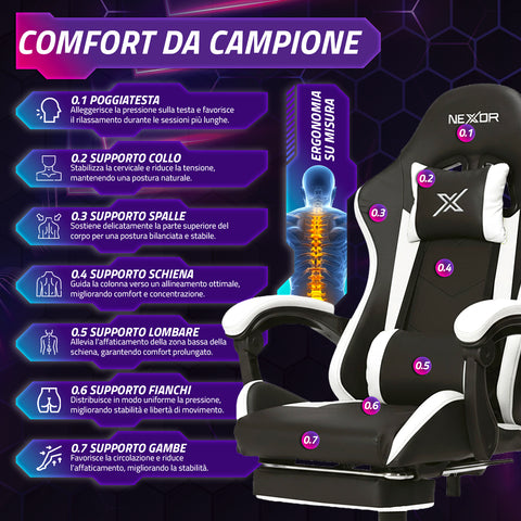 Fauteuil gaming inclinable avec repose-pieds escamotable, coussin lombaire et appuie-tête