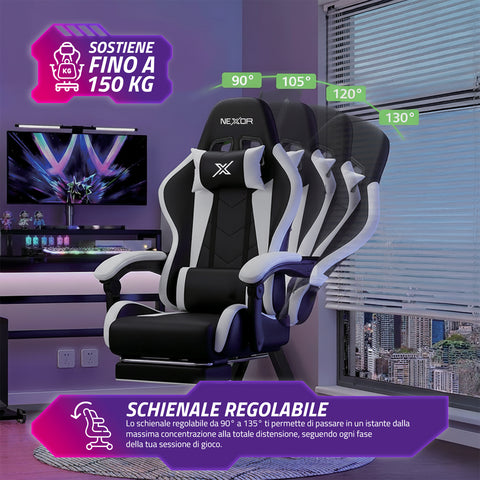 Fauteuil gaming inclinable avec repose-pieds escamotable, coussin lombaire et appuie-tête