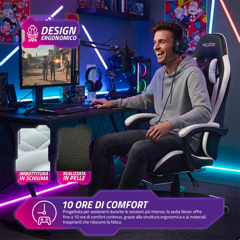 Fauteuil gaming inclinable avec repose-pieds escamotable, coussin lombaire et appuie-tête