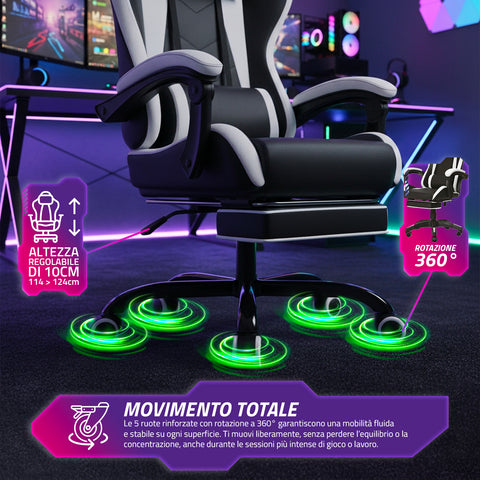 Fauteuil gaming inclinable avec repose-pieds escamotable, coussin lombaire et appuie-tête