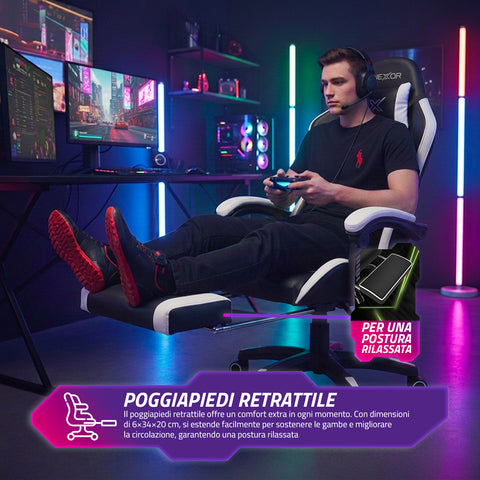 Fauteuil gaming inclinable avec repose-pieds escamotable, coussin lombaire et appuie-tête