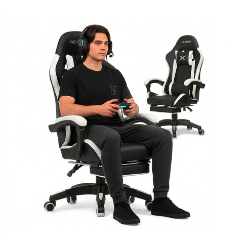 Fauteuil gaming inclinable avec repose-pieds escamotable, coussin lombaire et appuie-tête