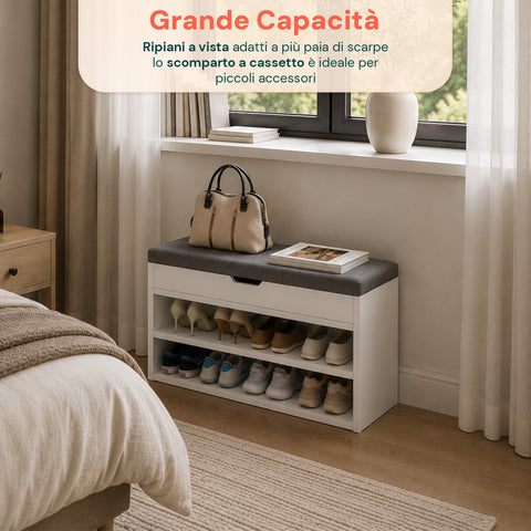 Scarpiera in MDF con Seduta Ribaltabile in Lino Imbottita e 2 Ripiani Salvaspazio