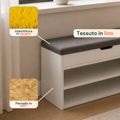 Scarpiera in MDF con Seduta Ribaltabile in Lino Imbottita e 2 Ripiani Salvaspazio