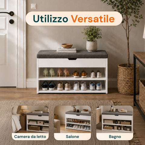 Scarpiera in MDF con Seduta Ribaltabile in Lino Imbottita e 2 Ripiani Salvaspazio