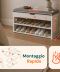 Scarpiera in MDF con Seduta Ribaltabile in Lino Imbottita e 2 Ripiani Salvaspazio