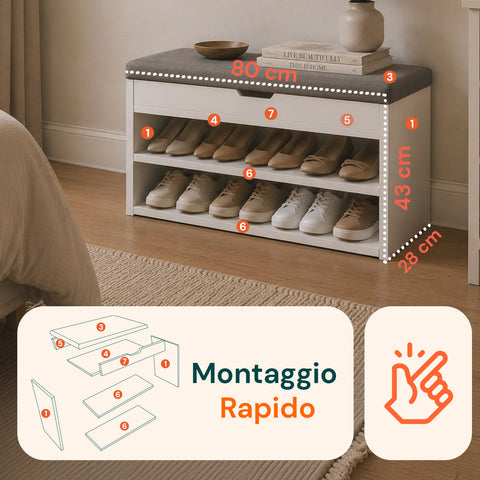 Scarpiera in MDF con Seduta Ribaltabile in Lino Imbottita e 2 Ripiani Salvaspazio