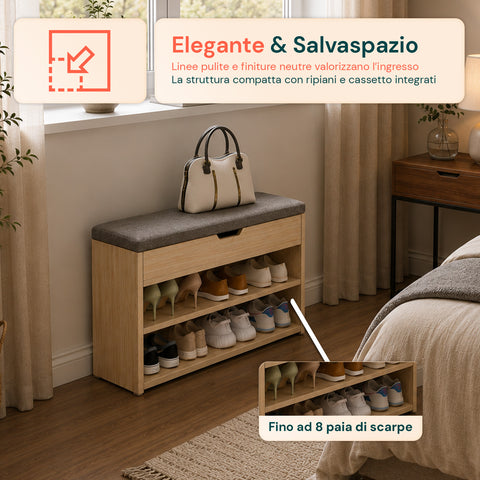 Scarpiera in MDF con Seduta Ribaltabile in Lino Imbottita e 2 Ripiani Salvaspazio
