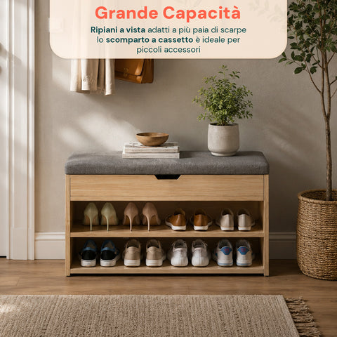 Scarpiera in MDF con Seduta Ribaltabile in Lino Imbottita e 2 Ripiani Salvaspazio