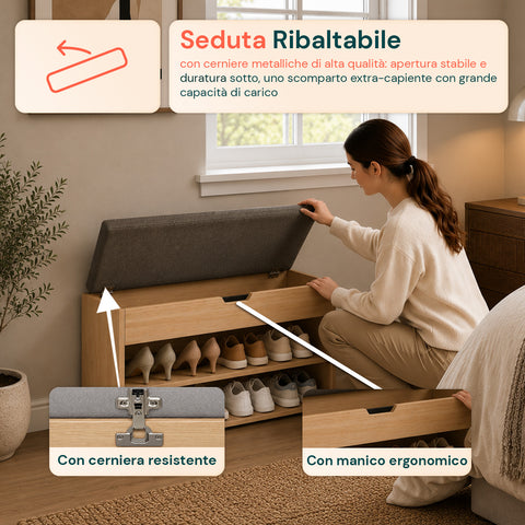 Scarpiera in MDF con Seduta Ribaltabile in Lino Imbottita e 2 Ripiani Salvaspazio