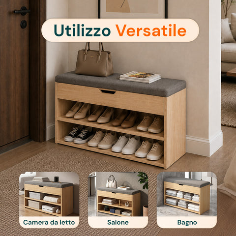 Scarpiera in MDF con Seduta Ribaltabile in Lino Imbottita e 2 Ripiani Salvaspazio