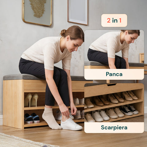 Scarpiera in MDF con Seduta Ribaltabile in Lino Imbottita e 2 Ripiani Salvaspazio