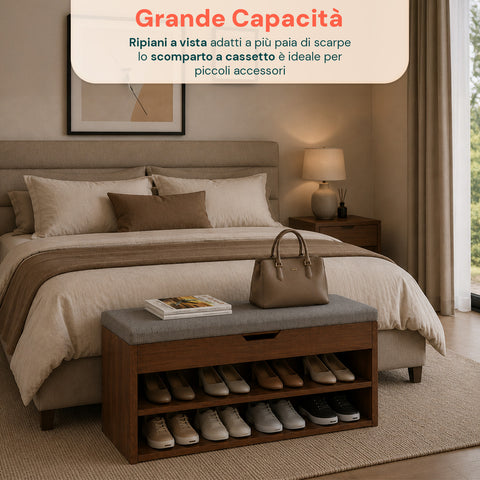 Scarpiera in MDF con Seduta Ribaltabile in Lino Imbottita e 2 Ripiani Salvaspazio