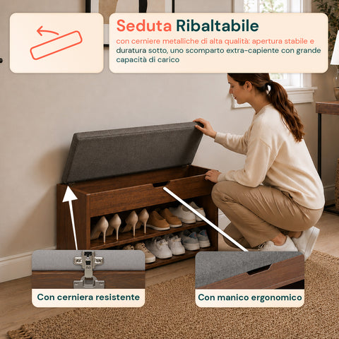 Scarpiera in MDF con Seduta Ribaltabile in Lino Imbottita e 2 Ripiani Salvaspazio