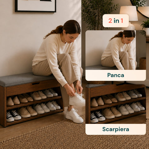 Scarpiera in MDF con Seduta Ribaltabile in Lino Imbottita e 2 Ripiani Salvaspazio