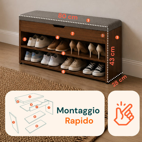 Scarpiera in MDF con Seduta Ribaltabile in Lino Imbottita e 2 Ripiani Salvaspazio