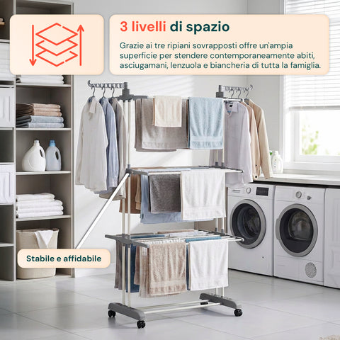 Stendibiancheria Verticale a 3 Livelli in Ferro e PP, Estensibile e con Ruote Pivottanti – L105xP64xA173cm, Portata 20kg