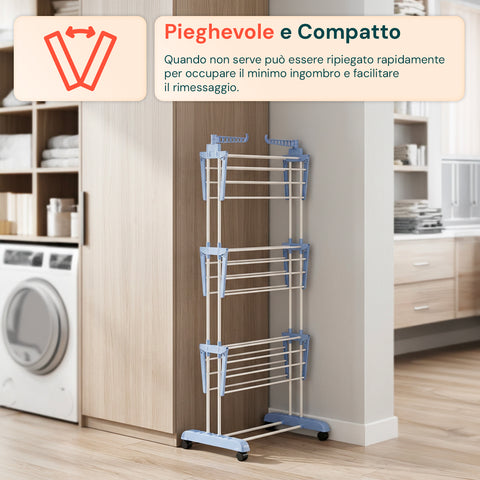 Stendibiancheria Verticale a 3 Livelli in Ferro e PP, Estensibile e con Ruote Pivottanti – L105xP64xA173cm, Portata 20kg