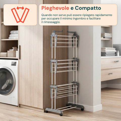 Stendibiancheria Verticale a 3 Livelli in Ferro e PP, Estensibile e con Ruote Pivottanti – L105xP64xA173cm, Portata 20kg