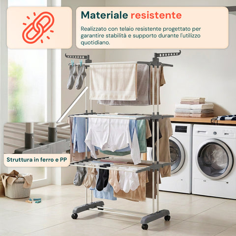 Stendibiancheria Verticale a 3 Livelli in Ferro e PP, Estensibile e con Ruote Pivottanti – L105xP64xA173cm, Portata 20kg