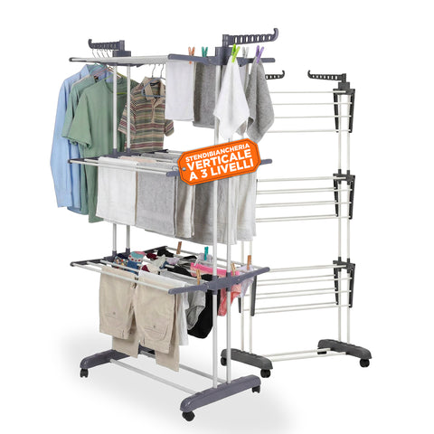 Stendibiancheria Verticale a 3 Livelli in Ferro e PP, Estensibile e con Ruote Pivottanti – L105xP64xA173cm, Portata 20kg