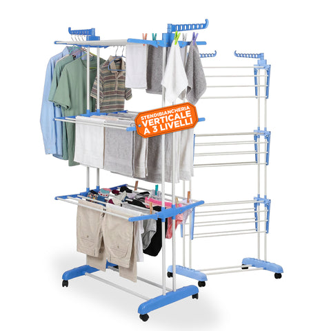 Séchoir à Linge Vertical à 3 Niveaux en Fer et PP, Extensible et avec Roues Pivotantes – L105xP64xA173cm, Capacité 20kg
