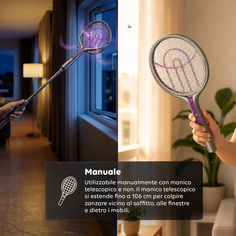 Racchetta Elettrica Zanzare 2-in-1 – Manico Telescopico Estensibile 79-106cm e Testa Rotante 90° – Griglia 4000V a 5 Strati, Luce UV 365nm e Batteria 1800mAh USB-C – Sterminatore Insetti Soffitto