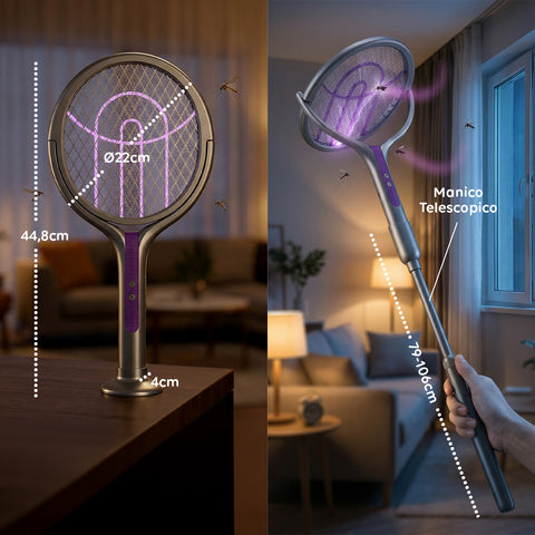 Racchetta Elettrica Zanzare 2-in-1 – Manico Telescopico Estensibile 79-106cm e Testa Rotante 90° – Griglia 4000V a 5 Strati, Luce UV 365nm e Batteria 1800mAh USB-C – Sterminatore Insetti Soffitto