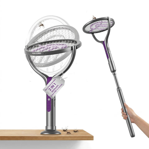 Raquette anti-moustiques électrique 2-en-1 – Poignée télescopique extensible 79-106cm et Tête rotative à 90° – Grille 4000V à 5 couches, Lumière UV 365nm et Batterie 1800mAh USB-C – Tue-insectes pour plafond